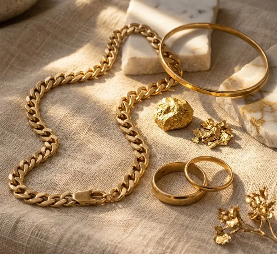 Gouden schakelketting, armband, ringen en goudklompjes